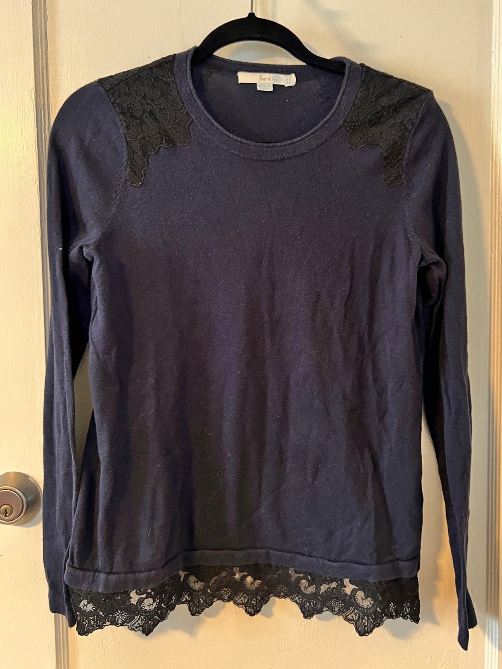 Boden Navy & Black Lace Inset Crewneck Cotton Sweater - Romantic Preppy - Size 6